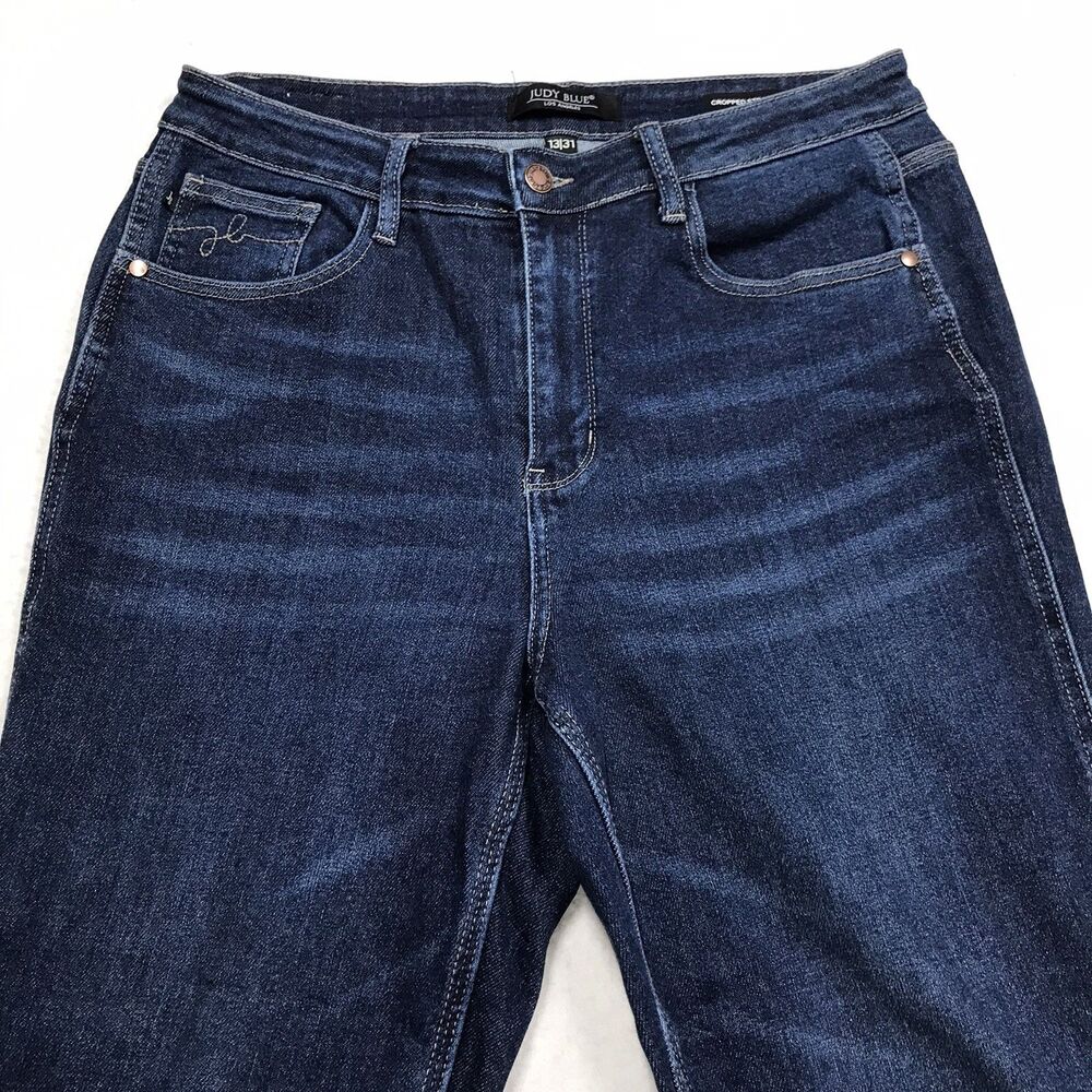 JUDY BLUE Cropped Straight Jeans Women 13/31 (34x27) Whiskered Dark Wash Stretch - Picture 3 of 14